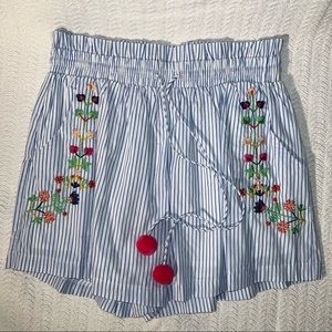 hazel Blue & White Striped Embroidered Pom Pom Shorts
